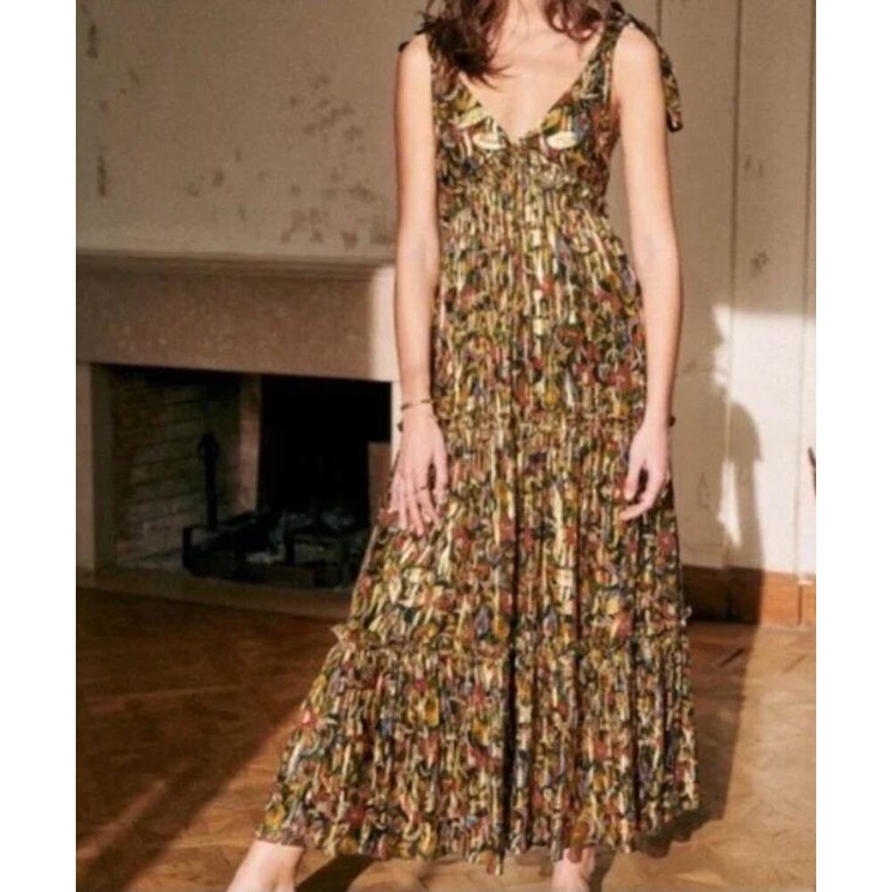 SEZANE 36 4 Graziella Silk Dress Gold Floral Botanical Print Tie Shoulder